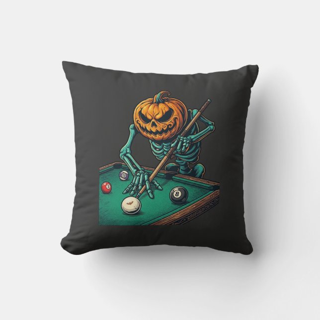 Halloween Pumpkin Skeleton Playing Pool Billiards  Cushion (Front)