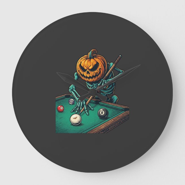 Halloween Pumpkin Skeleton Playing Pool Billiards  Large Clock (Front)
