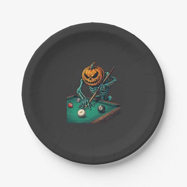 Halloween Pumpkin Skeleton Playing Pool Billiards  Paper Plate (Front)