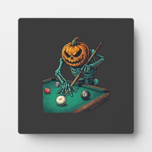 Halloween Pumpkin Skeleton Playing Pool Billiards Plaque