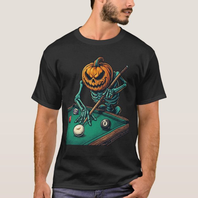 Halloween Pumpkin Skeleton Playing Pool Billiards  T-Shirt (Front)
