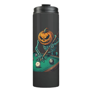 Halloween Pumpkin Skeleton Playing Pool Billiards Thermal Tumbler