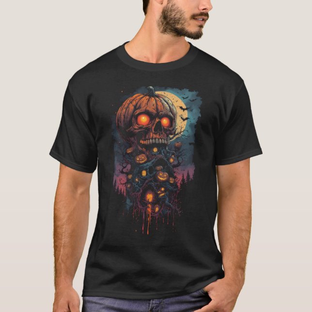 Halloween pumpkin skull with evil glowing eyes T-Shirt (Front)