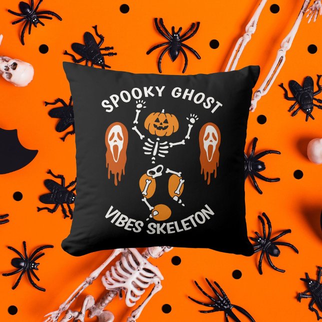 Halloween Pumpkin Spooky Ghost Skeleton Black Cushion (Creator Uploaded)
