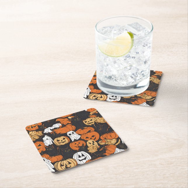Halloween Pumpkin Square Paper Coaster (Insitu)