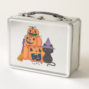 Halloween Pumpkin Stack with Black Cat, Candy & Mo Metal Lunch Box