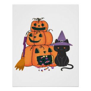 Halloween Pumpkin Stack with Black Cat, Candy & Mo Poster
