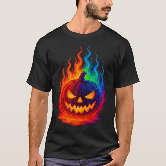 Halloween Pumpkin T-Shirt in Rainbow Flames (Front)
