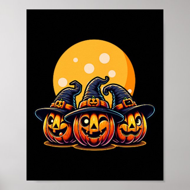 Halloween Pumpkin Threefold Witch Hat Tee Kids Adu Poster (Front)