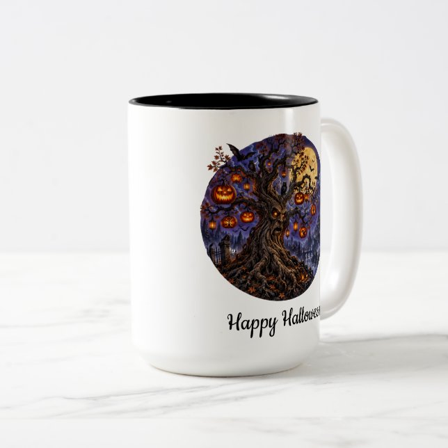 Halloween Pumpkin Tree  Two-Tone Coffee Mug (Front Right)