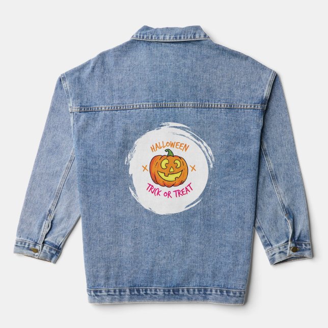 Halloween Pumpkin Trick or Treat Label Denim Jacket (Back)