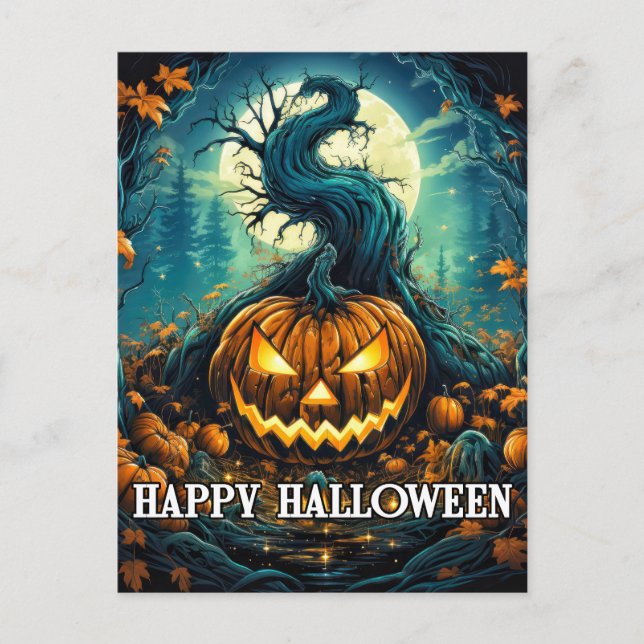 Halloween Pumpkin Under the Moonlight Postcard (Front)