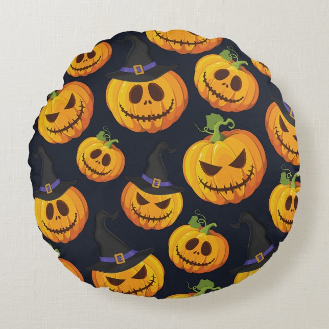Halloween Pumpkin: Vintage Witch Pattern Round Cushion (Front)
