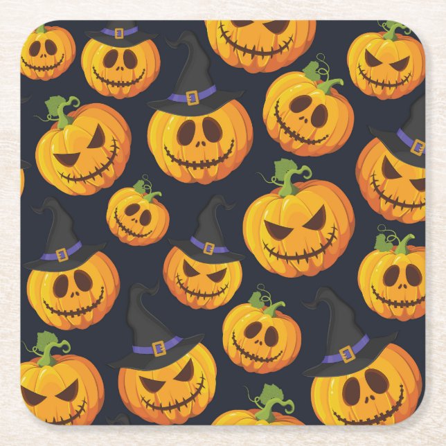 Halloween Pumpkin: Vintage Witch Pattern Square Paper Coaster (Front)