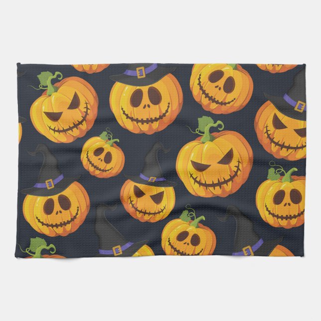 Halloween Pumpkin: Vintage Witch Pattern Tea Towel (Horizontal)