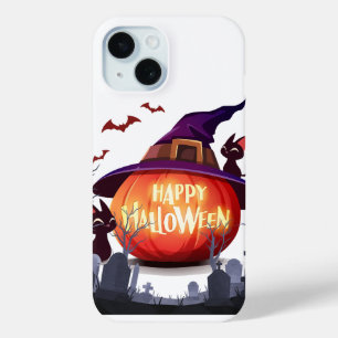 Halloween Pumpkin, Witch Hat and Black Cats iPhone 15 Case