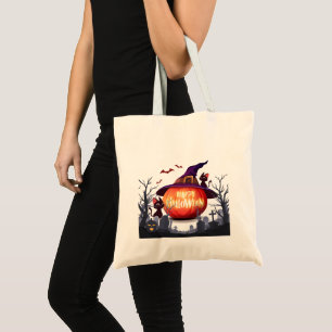 Halloween-Pumpkin, Witch Hat and Black Cats Tote Bag
