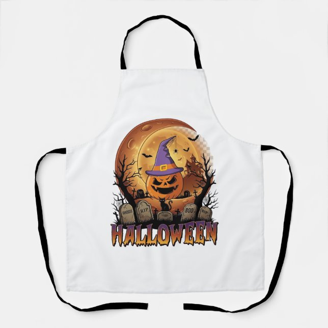 Halloween Pumpkin Witch Hat Black Cat Full Moon_1 Apron (Front)
