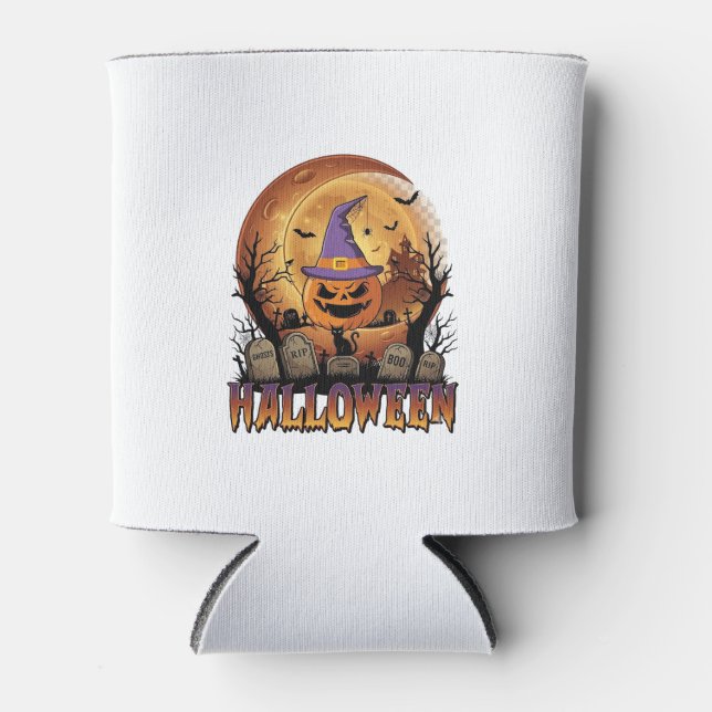 Halloween Pumpkin Witch Hat Black Cat Full Moon_1 Can Cooler (Front)