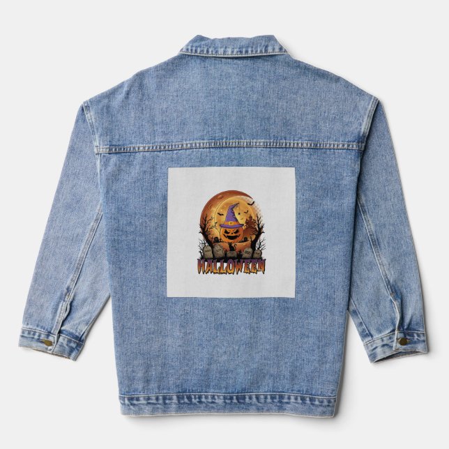 Halloween Pumpkin Witch Hat Black Cat Full Moon_1 Denim Jacket (Back)