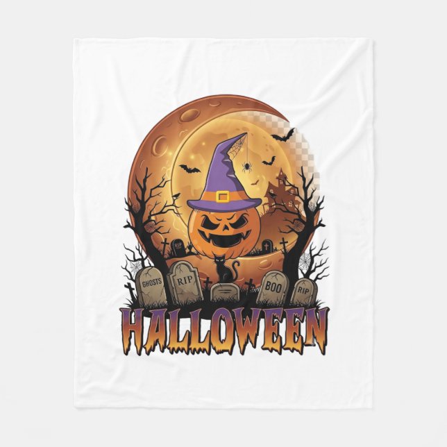 Halloween Pumpkin Witch Hat Black Cat Full Moon_1 Fleece Blanket (Front)