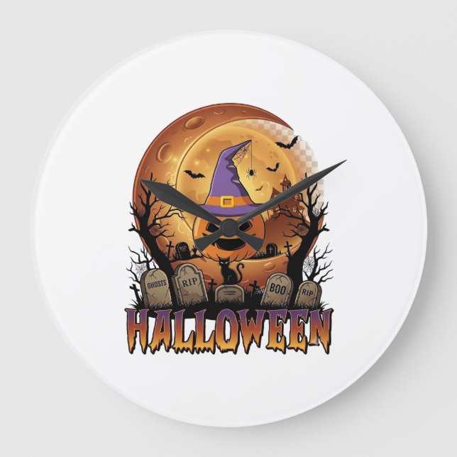 Halloween Pumpkin Witch Hat Black Cat Full Moon_1 Large Clock (Front)
