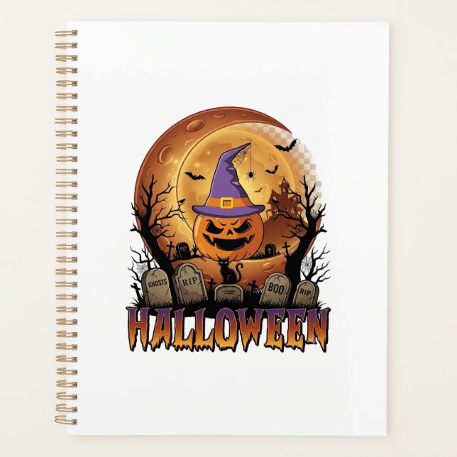 Halloween Pumpkin Witch Hat Black Cat Full Moon_1 Planner (Front)