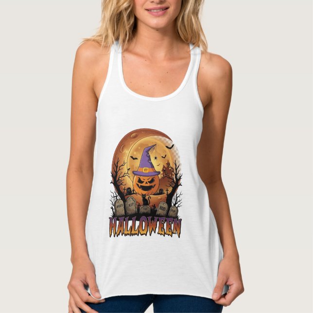Halloween Pumpkin Witch Hat Black Cat Full Moon_1 Singlet (Front)