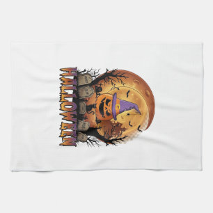 Halloween Pumpkin Witch Hat Black Cat Full Moon_1 Tea Towel