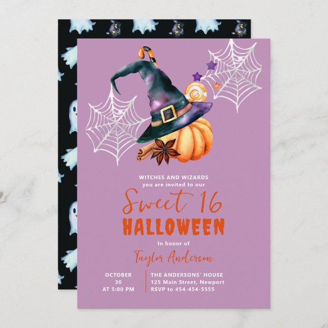 Halloween Pumpkin Witch Hat Ghosts Purple Sweet 16 Invitation (Front/Back)