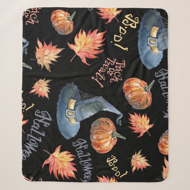 Halloween Pumpkin Witch Hat Pattern Sherpa Blanket (Front)