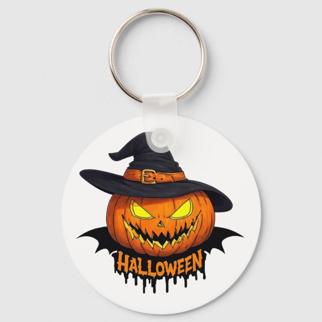 Halloween Pumpkin Witch Hat Spooky Face 🎃 Key Ring (Front)