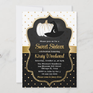 Halloween Pumpkin & Witch Hat Sweet Sixteen Invitation