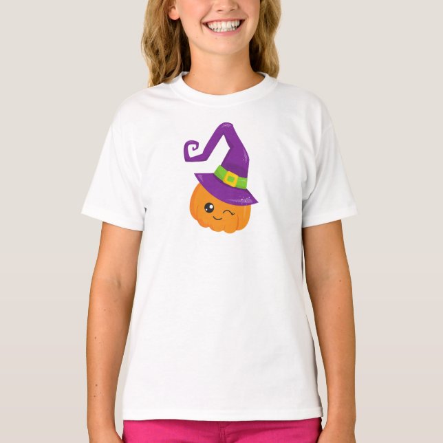 Halloween, Pumpkin, Witch Hat, Trick Or Treat T-Shirt (Front)