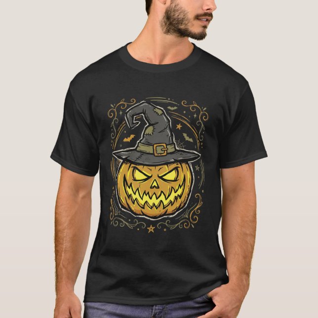 Halloween Pumpkin Witch Hat Vector Design T-Shirt (Front)