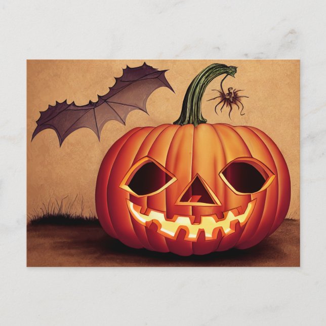 Halloween pumpkin with bat and spider. postcard (Front)