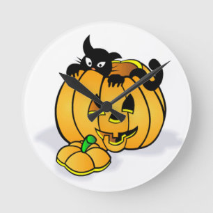 Halloween Pumpkin with Black Cat Round Clock