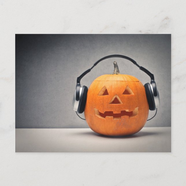 Halloween Pumpkin With Headphones For Music Postcard (Front)