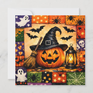 Halloween Pumpkin with Lantern and Patchwork Holiday Card