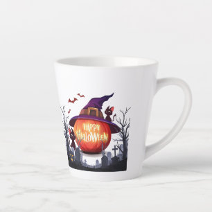 Halloween – Pumpkin with Witch Hat and Black Cats Latte Mug