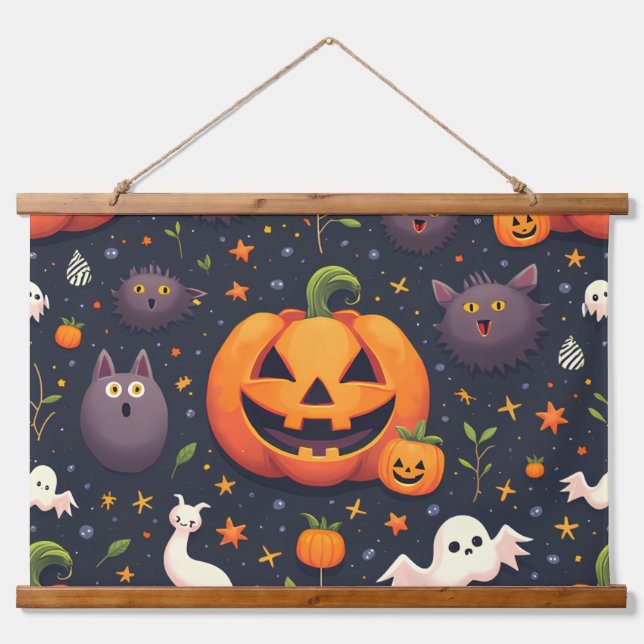 Halloween Pumpkin Wood Topped Wall Tapestry (Front)