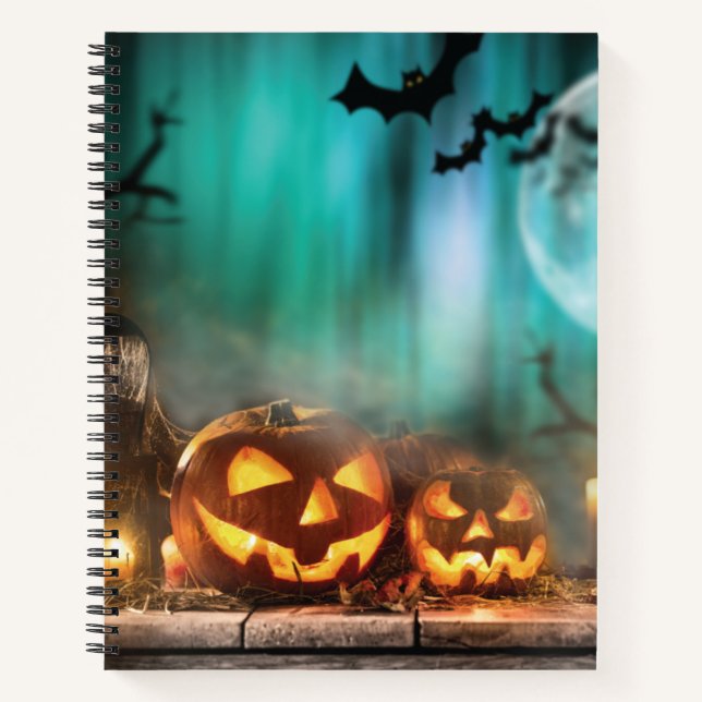 Halloween pumpkins and bats   notebook (Front)