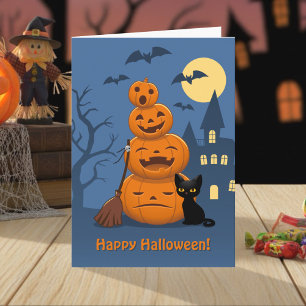 Halloween Pumpkins and Black Cat Card