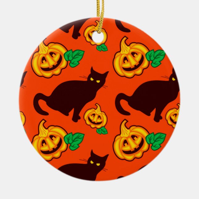Halloween pumpkins and black cat ceramic tree decoration (Front)