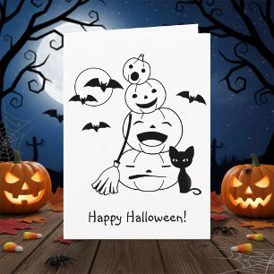 Halloween Pumpkins and Black Cat Doodle Colour Me Card