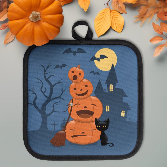 Halloween Pumpkins and Black Cat on Blue Pot Holder (Creator Uploaded)