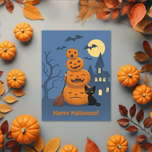 Halloween Pumpkins and Black Cat Postcard