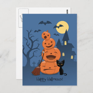 Halloween Pumpkins and Black Cat Postcard
