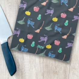 Halloween pumpkins and cats, customisable tea towel