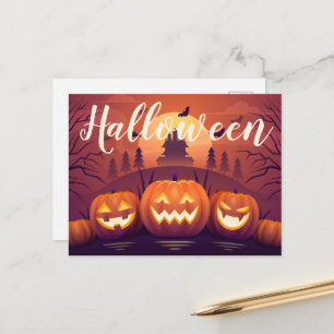 Halloween Pumpkins and Haunted House Postcard